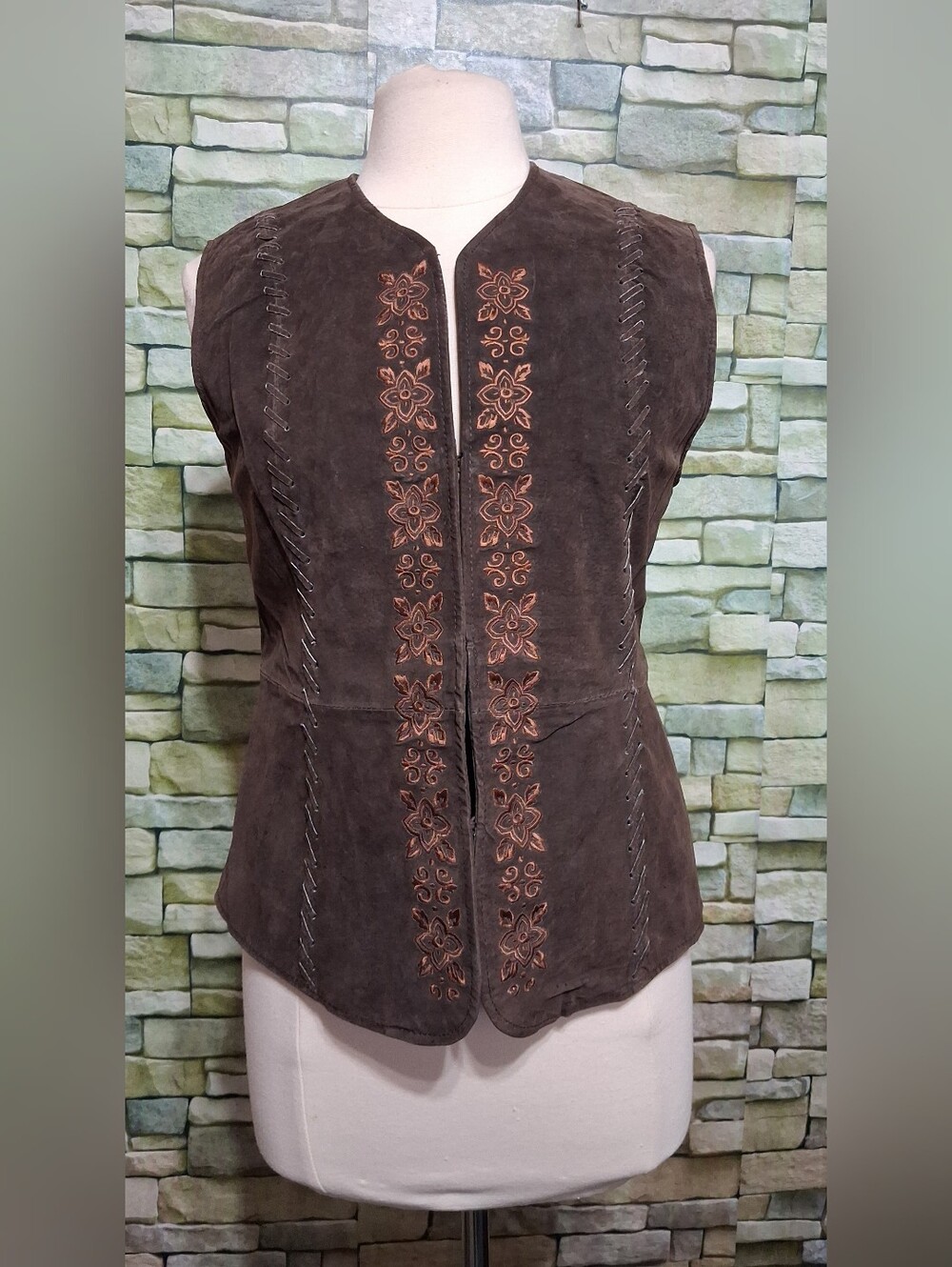 Vintage Outbrook Leather Vest Brown Suede Hook Button Boho Size M